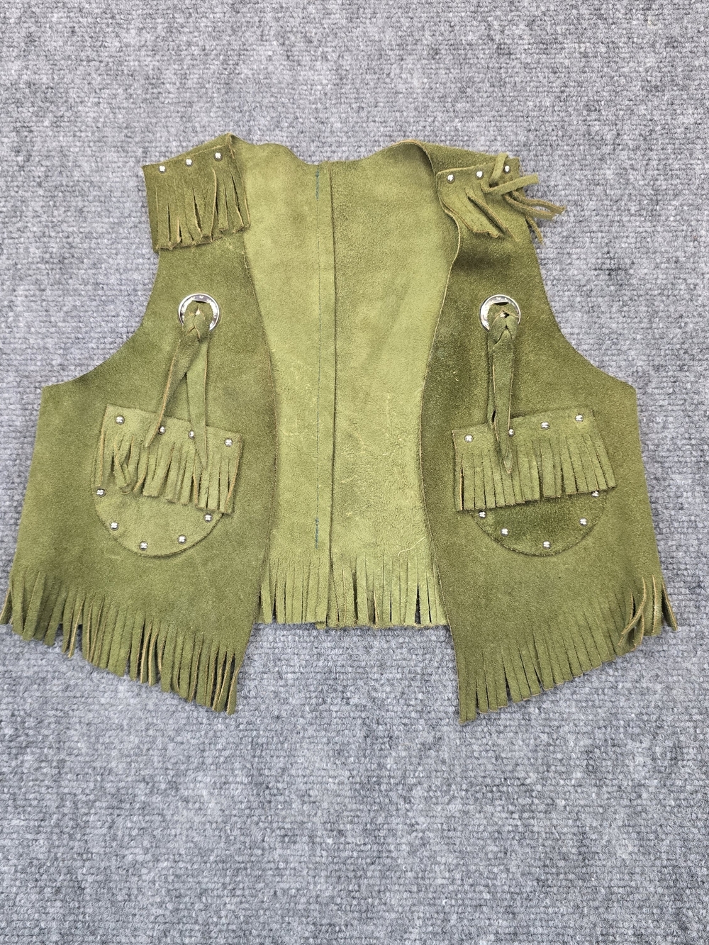 Vintage Sears Kids Leather Fringe Vest Olive Green Western Cowboy Size 4/5